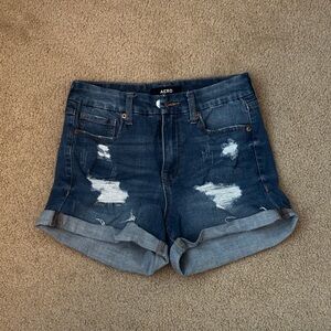 Distressed blue Aero high rise midi curvy jean shorts
